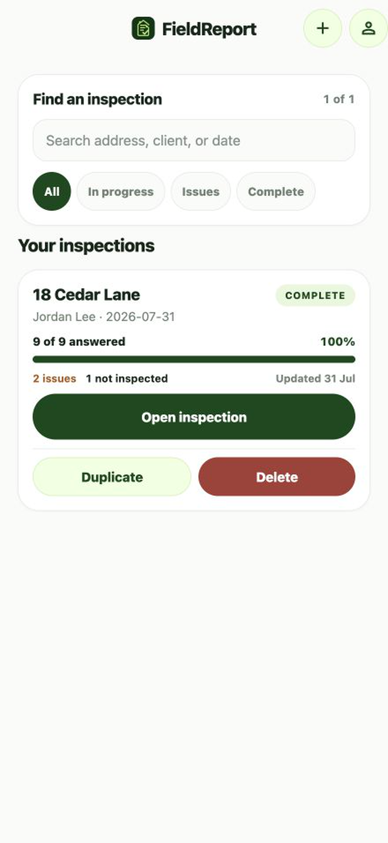 FieldReport inspection library with search, progress, and issue counts