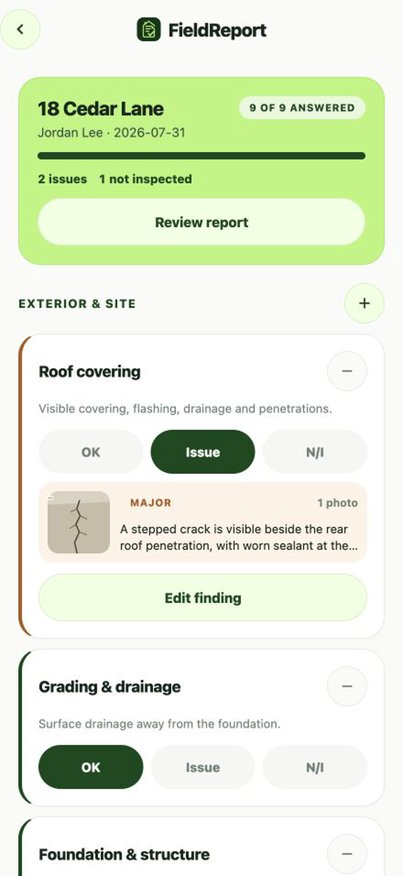 FieldReport adaptable inspection checklist with OK, Issue, and Not inspected controls