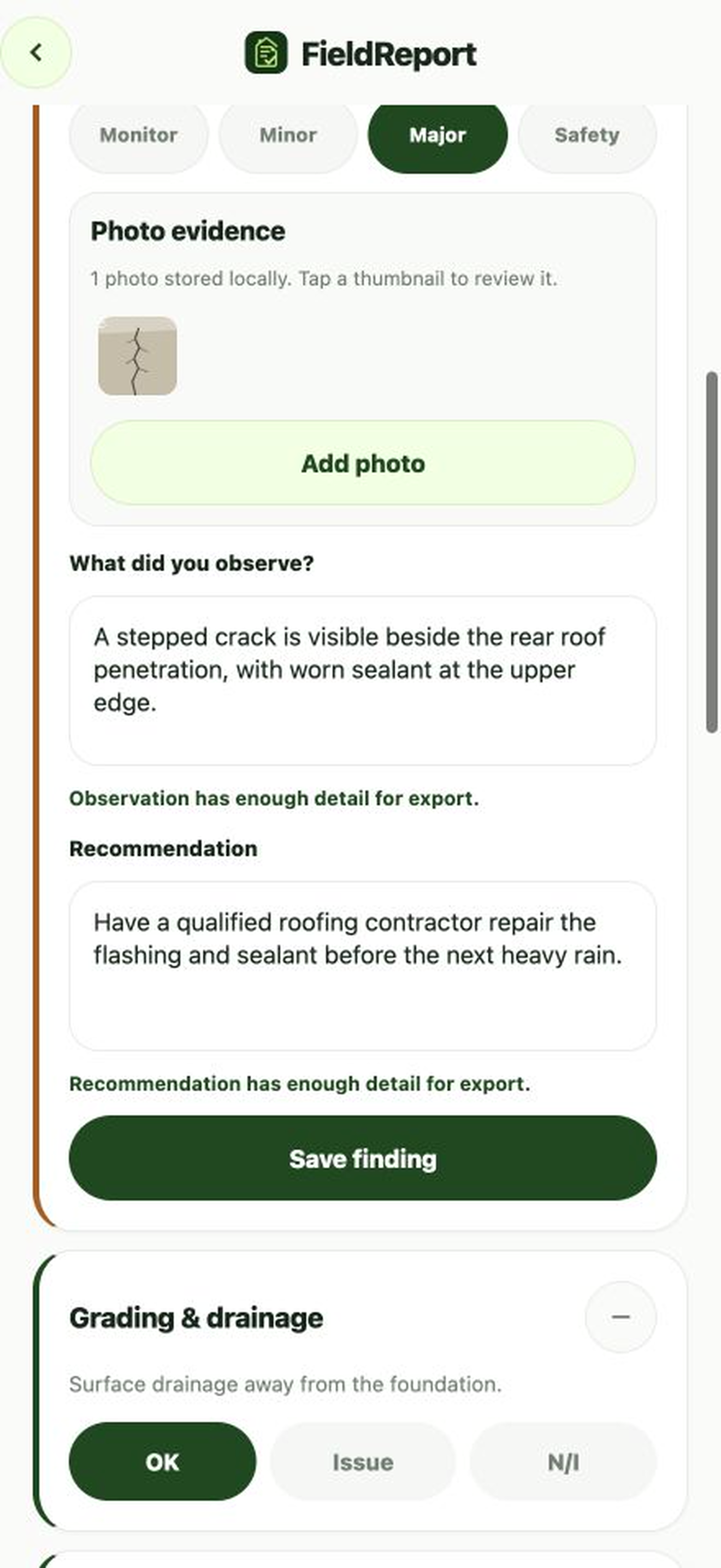 Inline finding editor with severity, photo evidence, observation, and recommendation