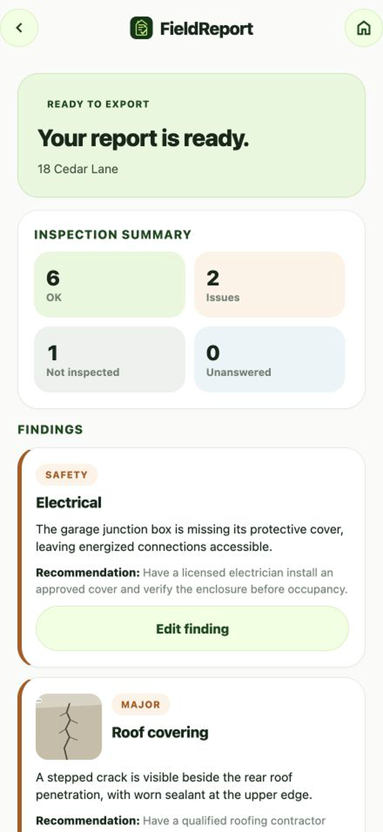 Report review with response counts and severity-sorted findings